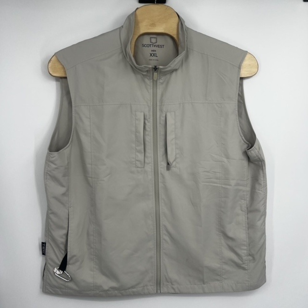 SCOTTeVEST Men XXL Tan Travel Vest Multi Pocket TEC Technology Utility Zip Up